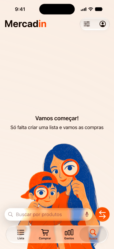 Conceito de tela de busca do Mercadin, com campo acessível e ilustração de estado vazio