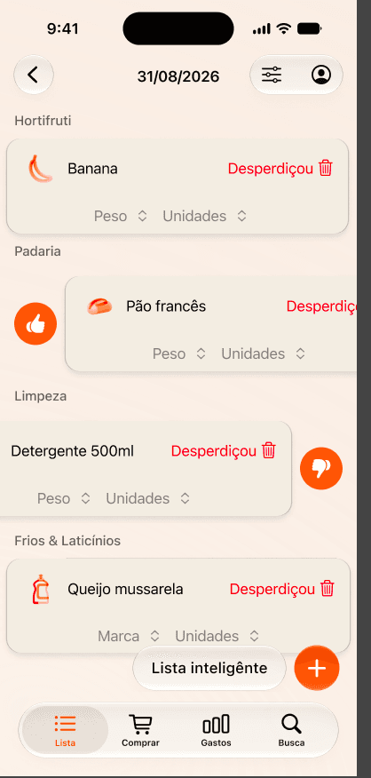 Exploração da lista inteligente no Figma, com itens agrupados por corredor e decisões de manter ou descartar