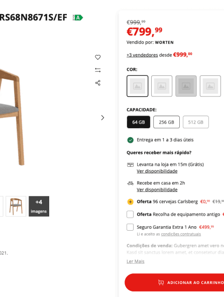 A galeria do produto redesenhada, com os botões de ação no canto superior direito