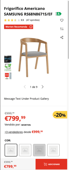 A página de produto nova no mobile, com as ações visíveis sobre a galeria