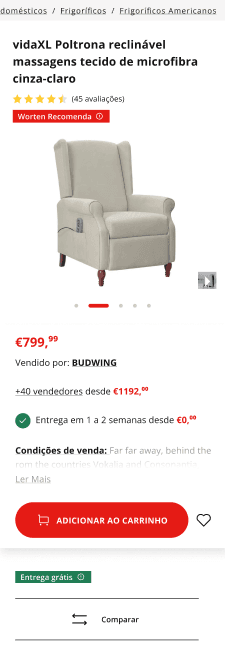 A página de produto antiga no mobile, com os botões de ação enterrados na buying box